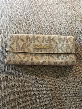 Michael Kors Beige MK Logo Wallet with Gold Accent